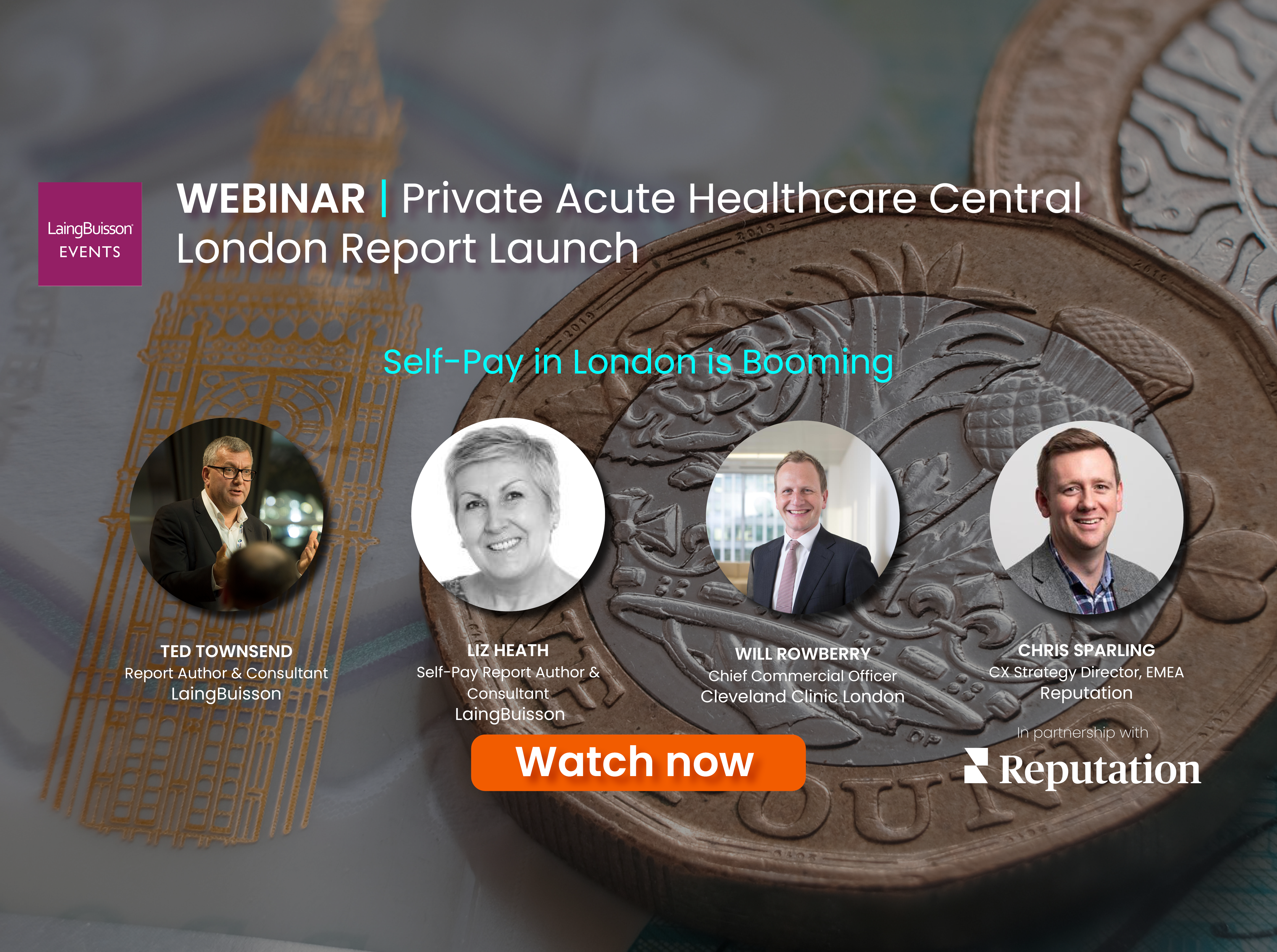 Graphic depicting the panel participating in the Private Acute Healthcare Central London Market Report Launch webinar.